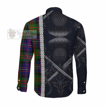 Tartan Vibes Clothing Chalmers Tartan Long Sleeve Button Shirt with Family Crest Cross Sword Thistle Celtic Vibes