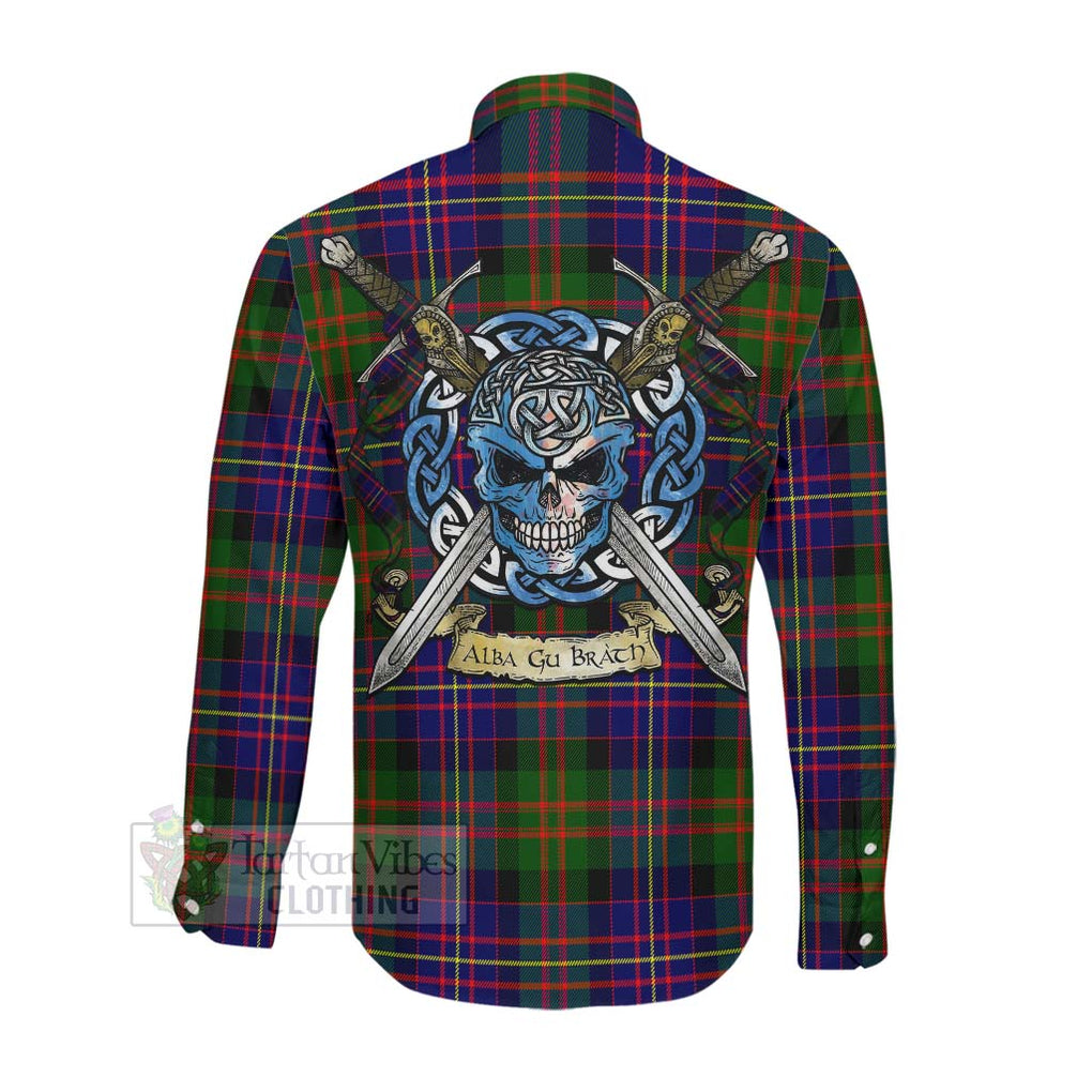 Chalmers Tartan Long Sleeve Button Shirt with Family Crest Celtic Skull Style Men's Shirt - Tartan Vibes Clothing