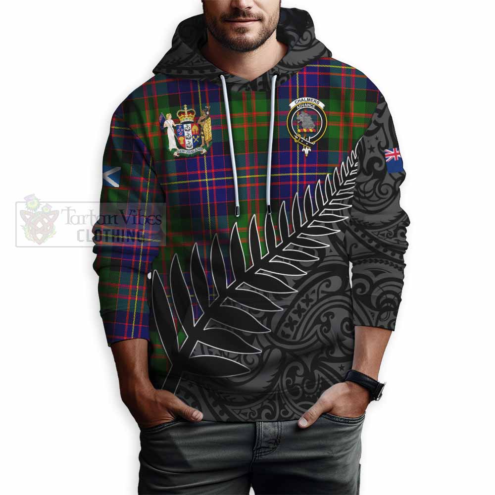 Tartan Vibes Clothing Chalmers Crest Tartan Hoodie with New Zealand Silver Fern Half Style