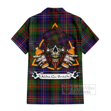 Chalmers Tartan Hawaiian Shirt with Family Crest and Bearded Skull Holding Bottles of Whiskey - Tartan Vibes Clothing