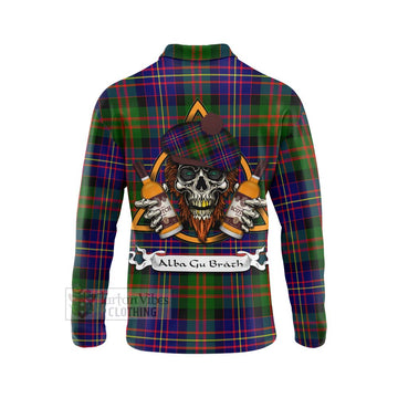 Chalmers Tartan Long Sleeve Polo Shirt with Family Crest and Bearded Skull Holding Bottles of Whiskey - Tartan Vibes Clothing
