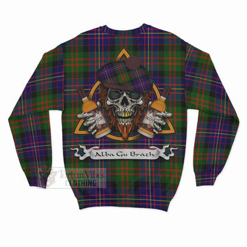 Chalmers Tartan Sweatshirt with Family Crest and Bearded Skull Holding Bottles of Whiskey - Tartan Vibes Clothing