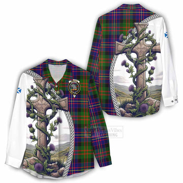Chalmers Tartan Women's Casual Shirt with Family Crest and St. Andrew's Cross Accented by Thistle Vines - Tartan Vibes Clothing