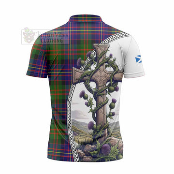 Chalmers Tartan Zipper Polo Shirt with Family Crest and St. Andrew's Cross Accented by Thistle Vines