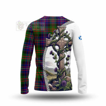 Chalmers Tartan Long Sleeve T-Shirt with Family Crest and St. Andrew's Cross Accented by Thistle Vines - Tartan Vibes Clothing