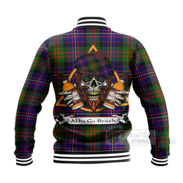 Chalmers Tartan Baseball Jacket with Family Crest and Bearded Skull Holding Bottles of Whiskey - Tartan Vibes Clothing
