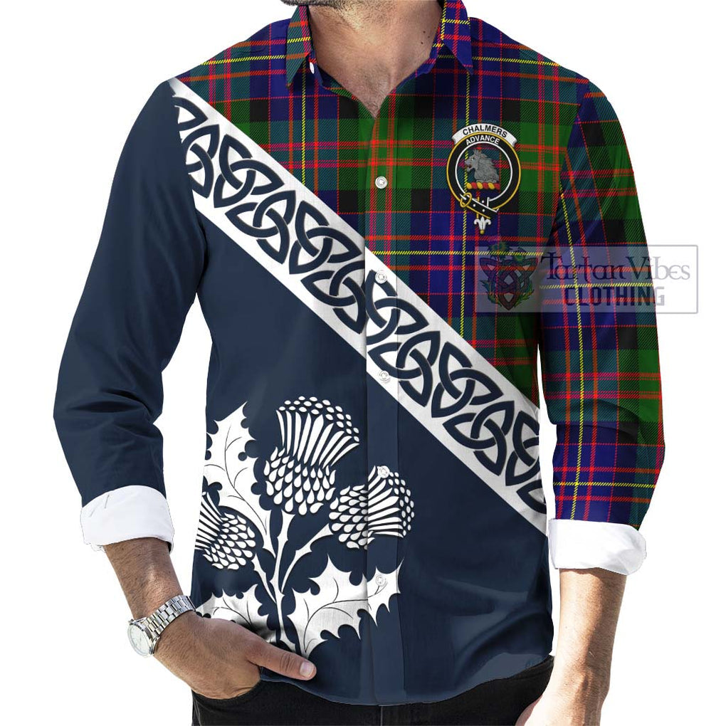 Chalmers Tartan Long Sleeve Button Shirt Featuring Thistle and Scotland Map Men's Shirt - Tartan Vibes Clothing