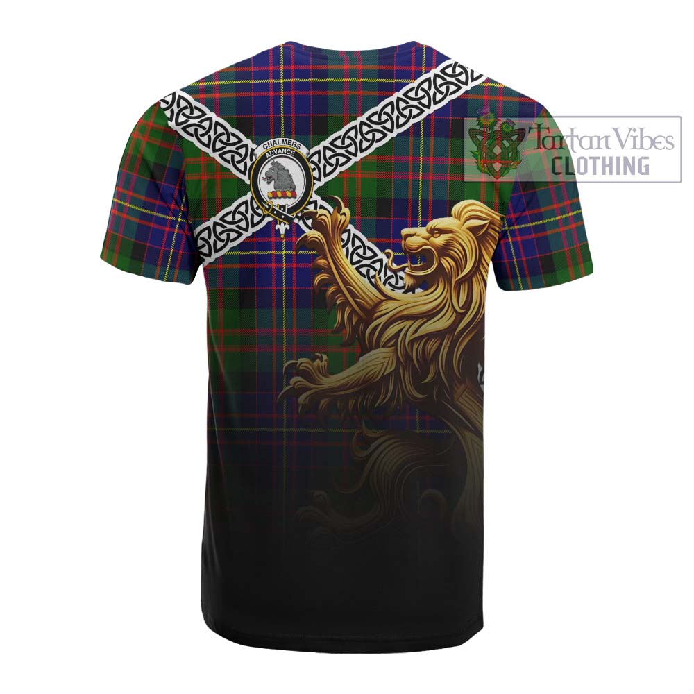 Tartan Vibes Clothing Chalmers Crest Tartan Cotton T-shirt with Golden Lion Emblem Celtic Style