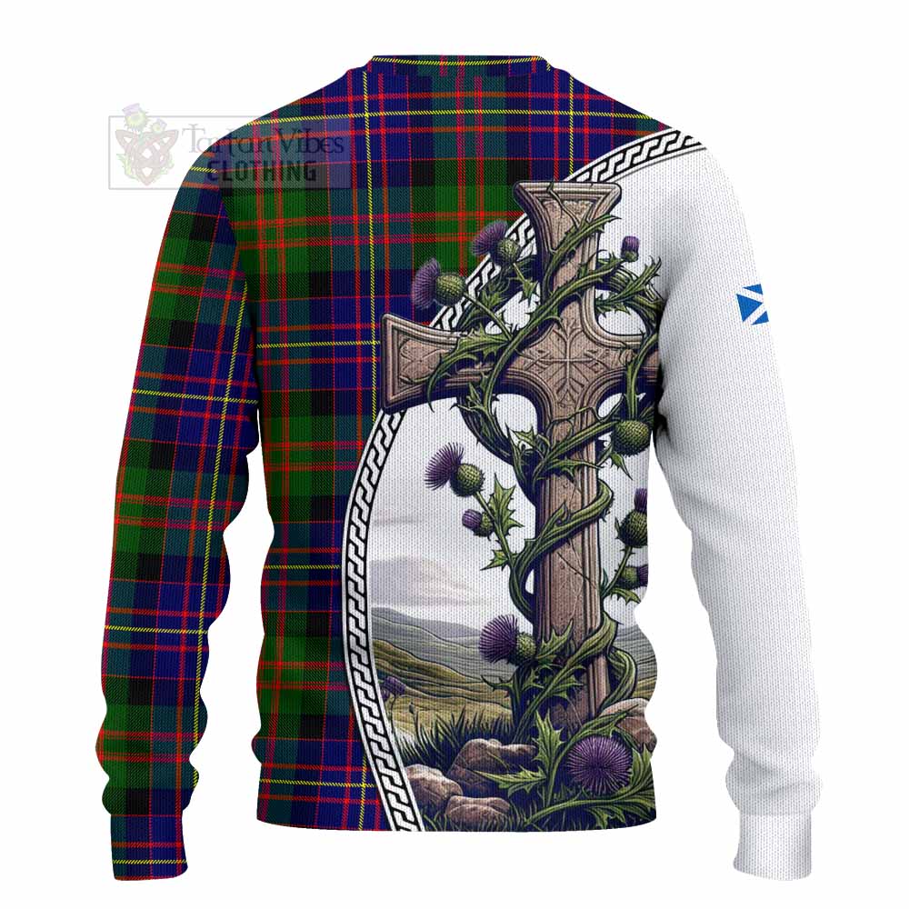 Chalmers Tartan Knitted Sweater with Family Crest and St. Andrew's Cross Accented by Thistle Vines - Tartan Vibes Clothing