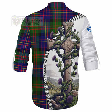 Chalmers Tartan Ghillie Kilt Shirt with Family Crest and St. Andrew's Cross Accented by Thistle Vines - Tartan Vibes Clothing