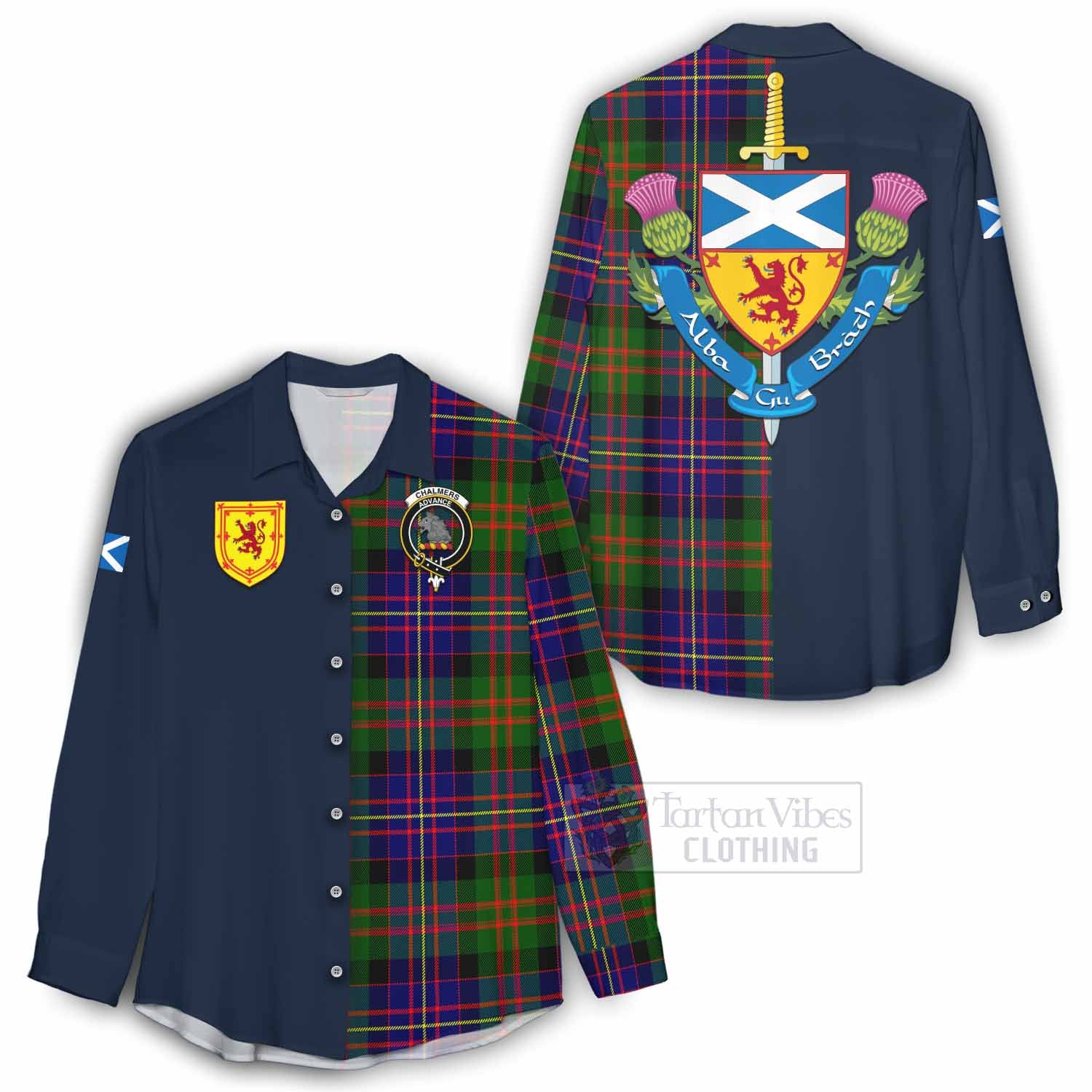 Tartan Vibes Clothing Chalmers Tartan Women's Casual Shirt Alba with Scottish Lion Royal Arm Half Style
