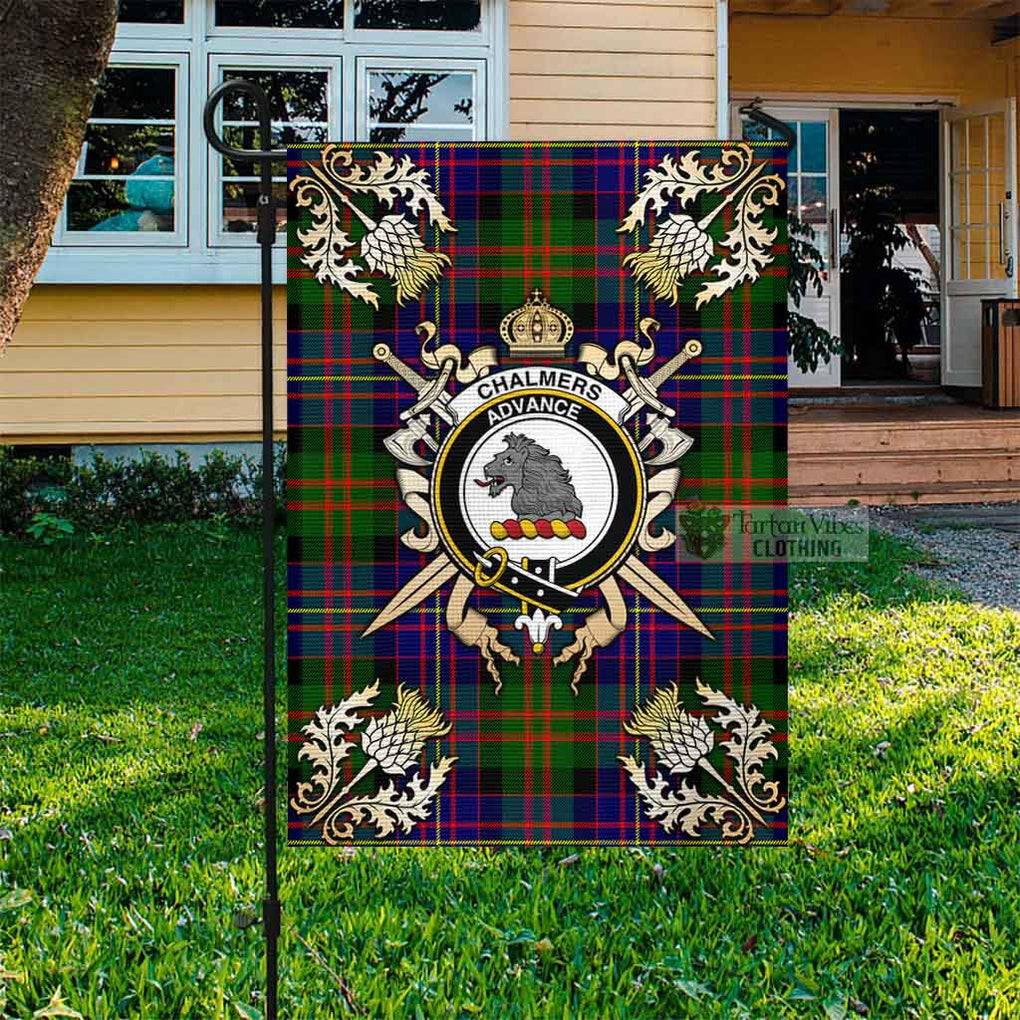 Tartan Vibes Clothing Chalmers Tartan Flag with Family Crest and Golden Thistle Crossed Sword Design
