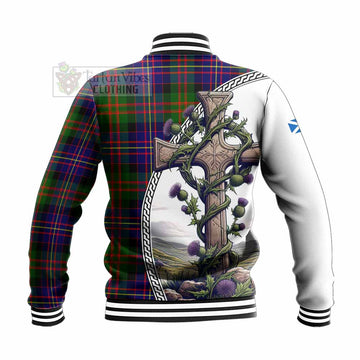 Chalmers Tartan Baseball Jacket with Family Crest and St. Andrew's Cross Accented by Thistle Vines - Tartan Vibes Clothing