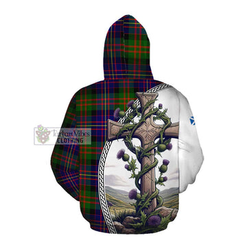 Chalmers Tartan Cotton Hoodie with Family Crest and St. Andrew's Cross Accented by Thistle Vines Pullover Hoodie - Tartan Vibes Clothing