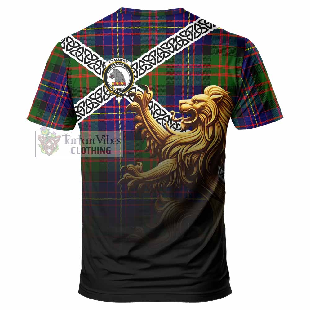 Tartan Vibes Clothing Chalmers Crest Tartan T-Shirt with Golden Lion Emblem Celtic Style