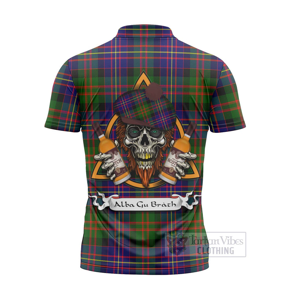 Tartan Vibes Clothing Chalmers Tartan Zipper Polo Shirt with Family Crest and Bearded Skull Holding Bottles of Whiskey