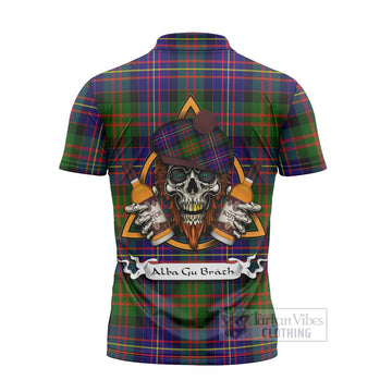 Chalmers Tartan Zipper Polo Shirt with Family Crest and Bearded Skull Holding Bottles of Whiskey