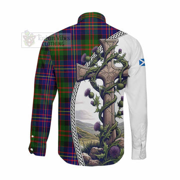 Chalmers Tartan Long Sleeve Button Shirt with Family Crest and St. Andrew's Cross Accented by Thistle Vines Men's Shirt - Tartan Vibes Clothing