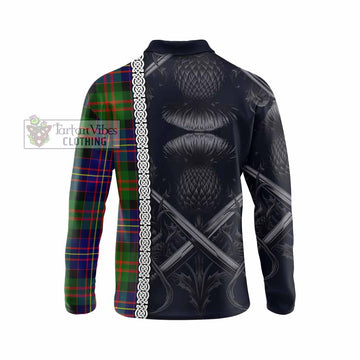 Chalmers Tartan Long Sleeve Polo Shirt with Family Crest Cross Sword Thistle Celtic Vibes - Tartan Vibes Clothing