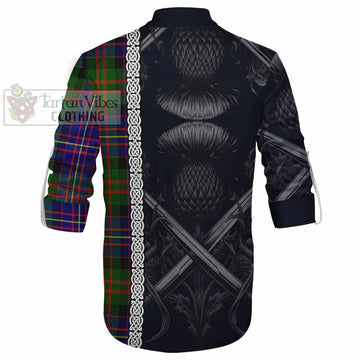 Chalmers Tartan Ghillie Kilt Shirt with Family Crest Cross Sword Thistle Celtic Vibes - Tartan Vibes Clothing