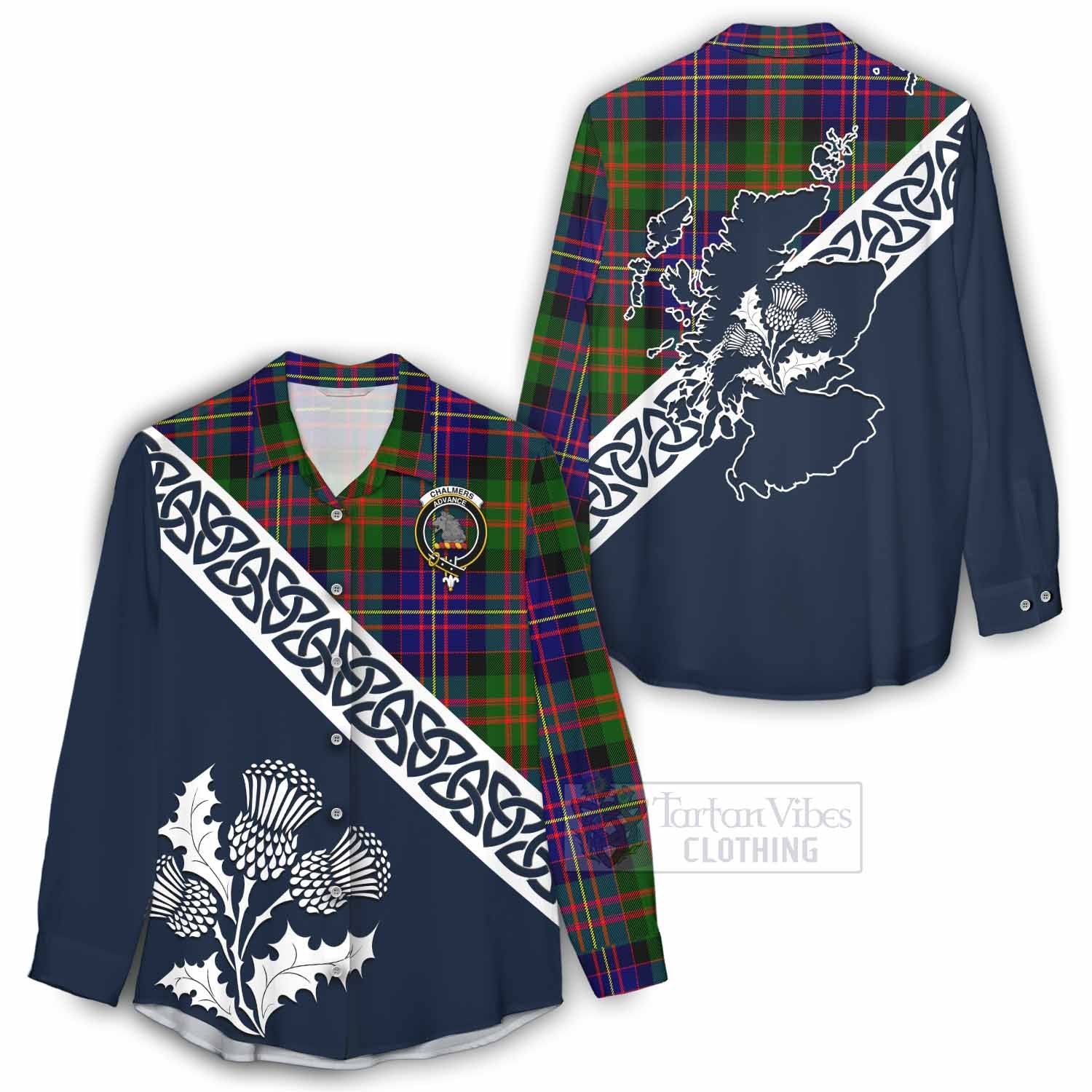 Chalmers Tartan Women's Casual Shirt Featuring Thistle and Scotland Map - Tartan Vibes Clothing