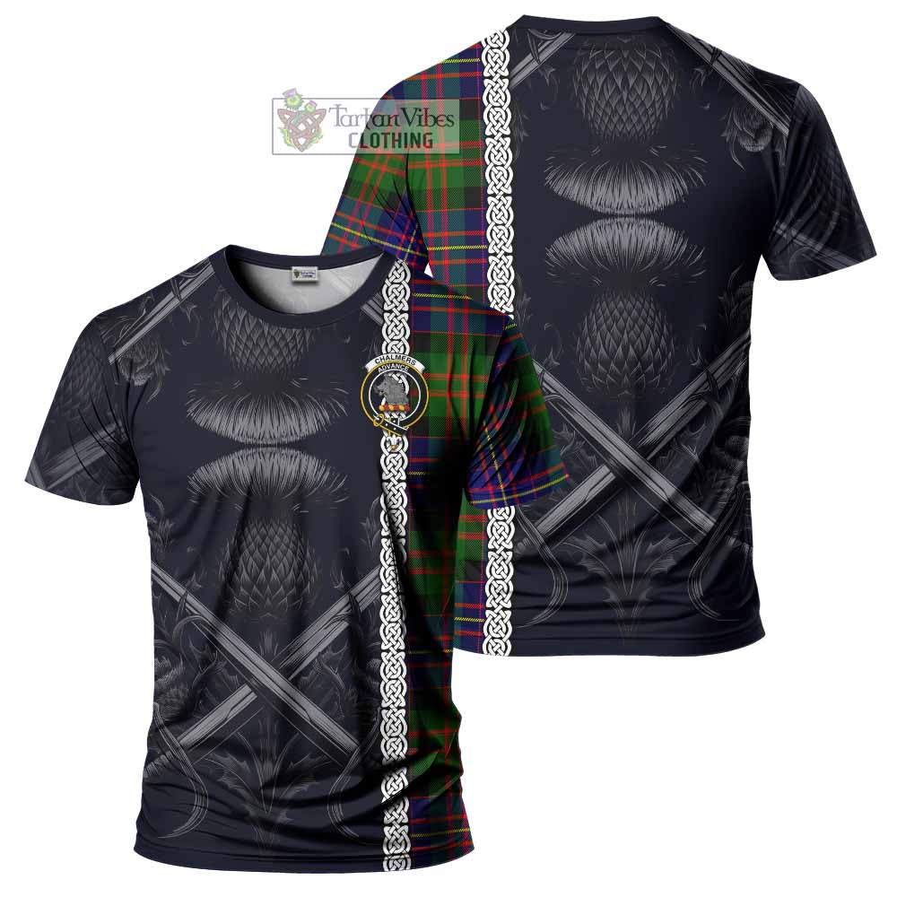 Chalmers Tartan T-Shirt with Family Crest Cross Sword Thistle Celtic Vibes - Tartan Vibes Clothing