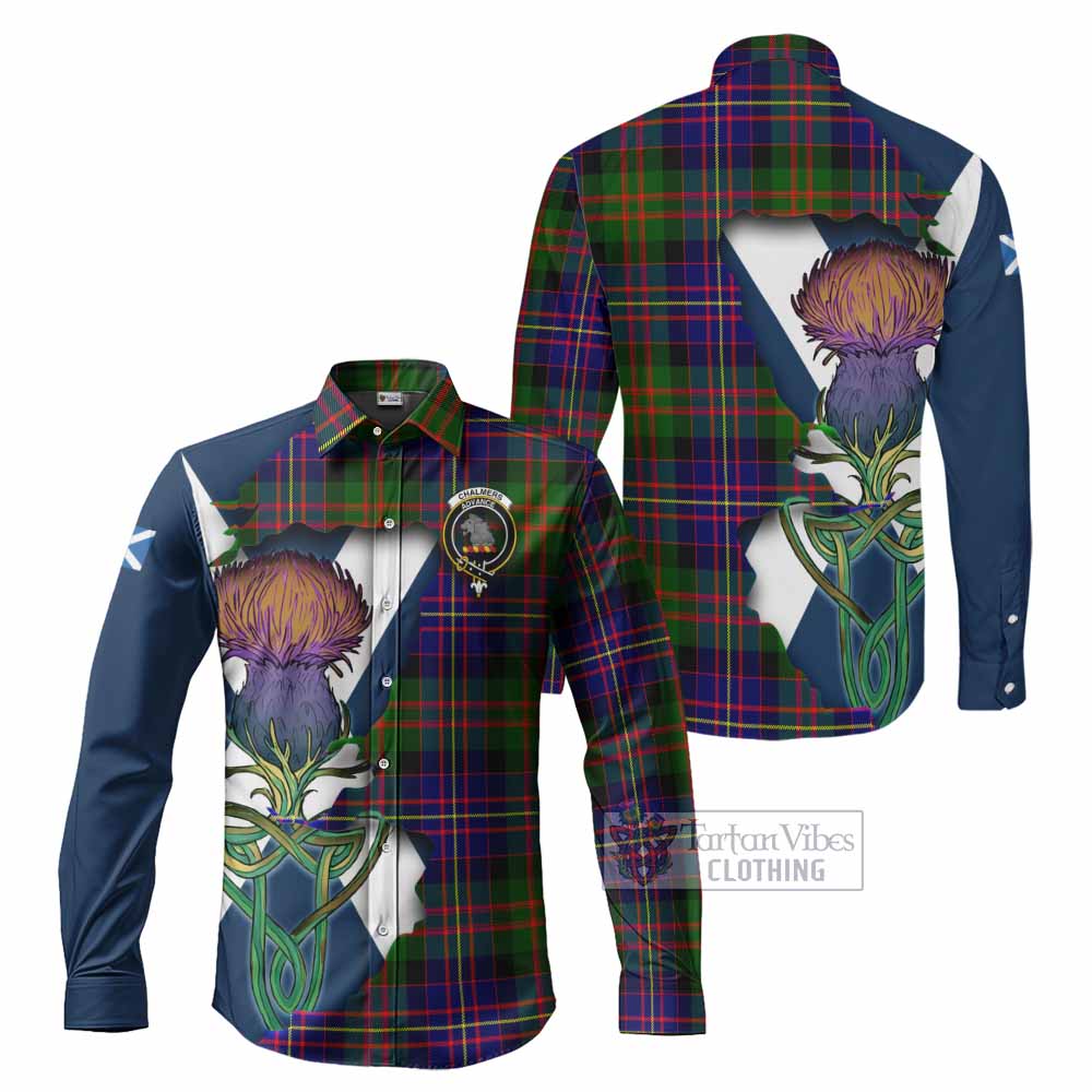 Tartan Vibes Clothing Chalmers Tartan Family Crest Long Sleeve Button Shirt Scottish Thistle Celtic Inspired