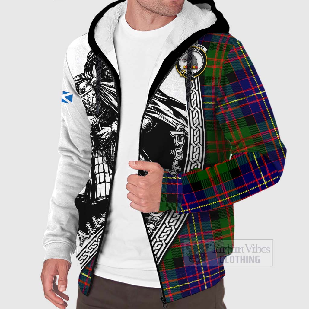 Chalmers Tartan Clan Crest Sherpa Hoodie with Highlander Warrior Celtic Style Unisex - Tartan Vibes Clothing