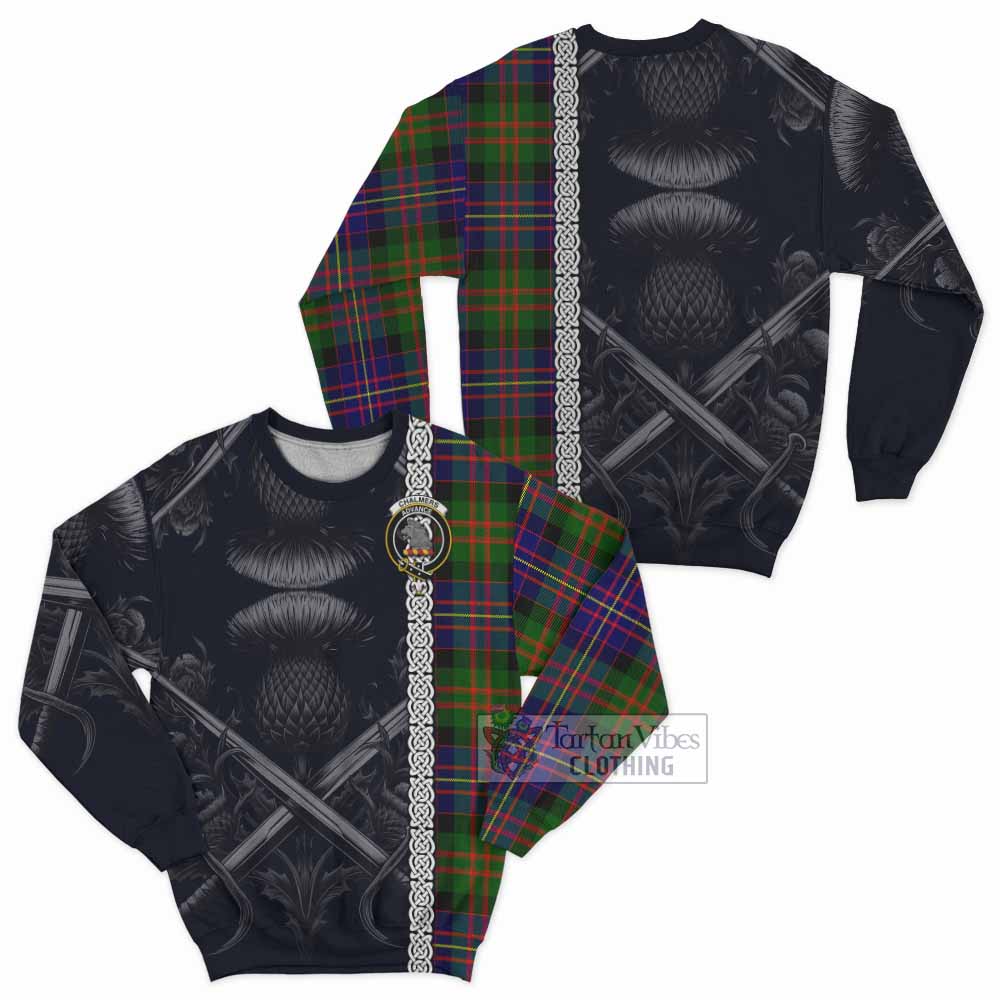 Chalmers Tartan Sweatshirt with Family Crest Cross Sword Thistle Celtic Vibes - Tartan Vibes Clothing