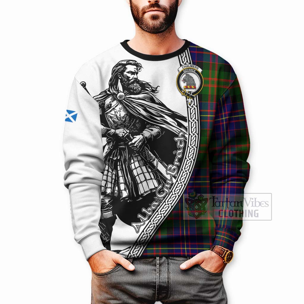 Chalmers Tartan Clan Crest Sweatshirt with Highlander Warrior Celtic Style - Tartan Vibes Clothing