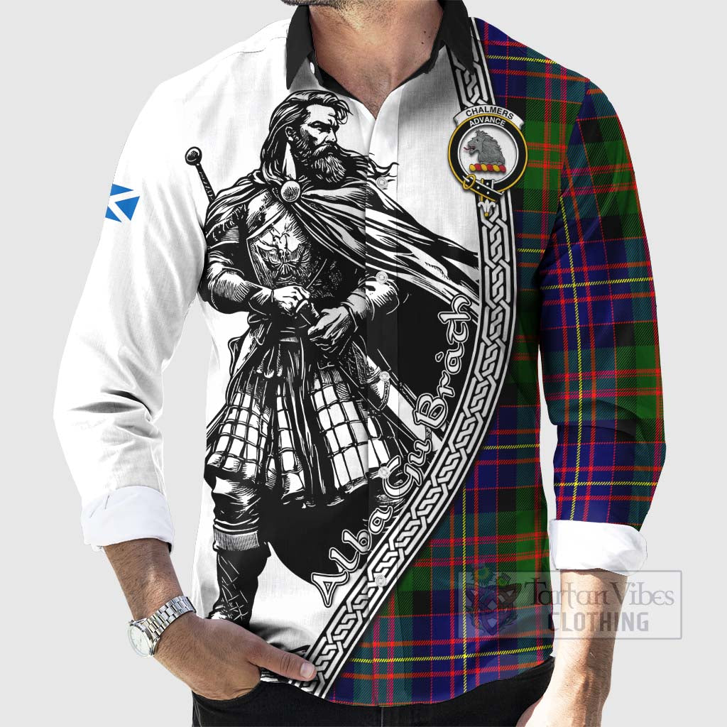 Chalmers Tartan Clan Crest Long Sleeve Button Shirt with Highlander Warrior Celtic Style - Tartan Vibes Clothing