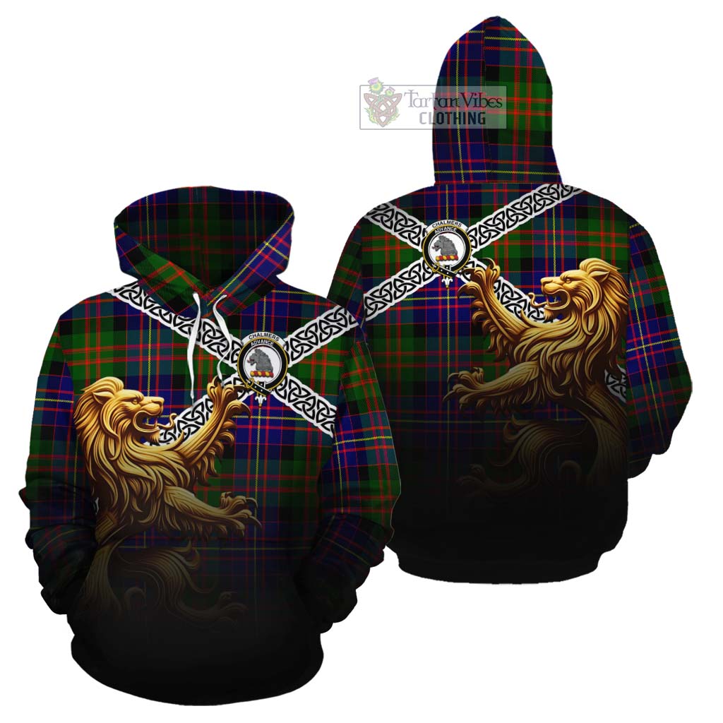 Chalmers Crest Tartan Cotton Hoodie with Golden Lion Emblem Celtic Style - Tartan Vibes Clothing