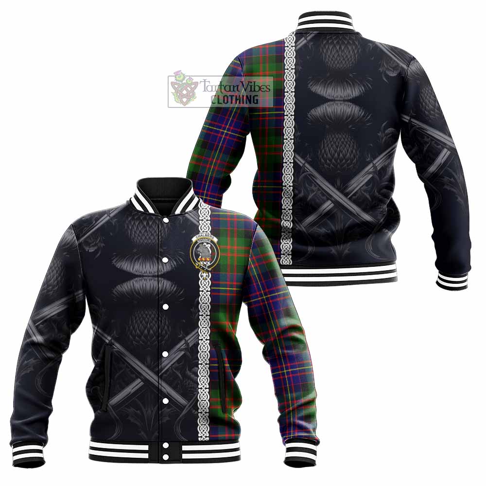 Chalmers Tartan Baseball Jacket with Family Crest Cross Sword Thistle Celtic Vibes - Tartan Vibes Clothing