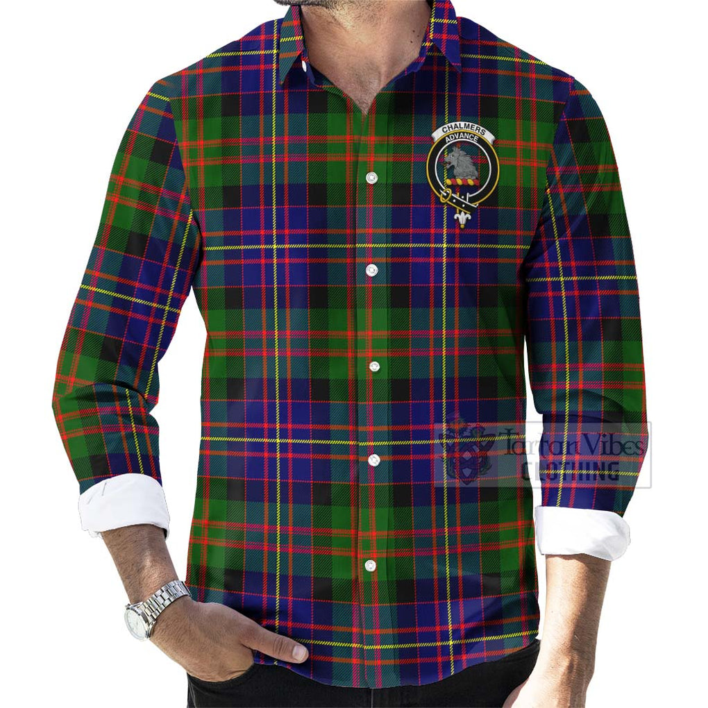 Chalmers Tartan Long Sleeve Button Shirt with Family Crest Celtic Skull Style - Tartan Vibes Clothing