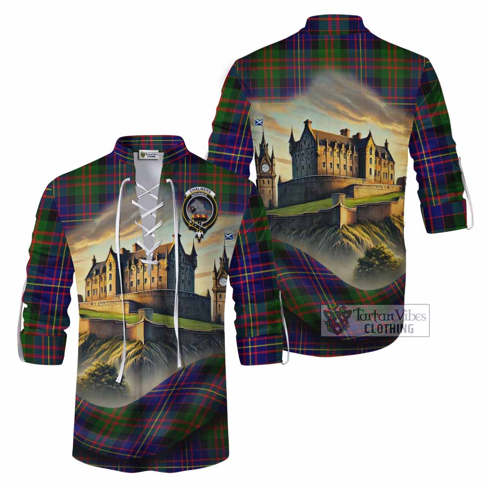 Chalmers Tartan Family Crest Ghillie Kilt Shirt with Scottish Ancient Castle Style - Tartan Vibes Clothing