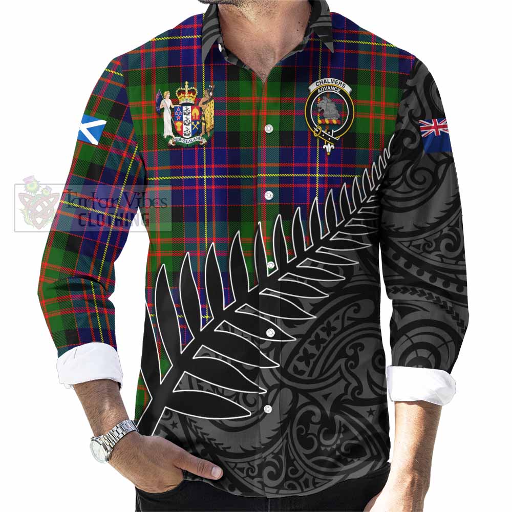 Tartan Vibes Clothing Chalmers Crest Tartan Long Sleeve Button Shirt with New Zealand Silver Fern Half Style