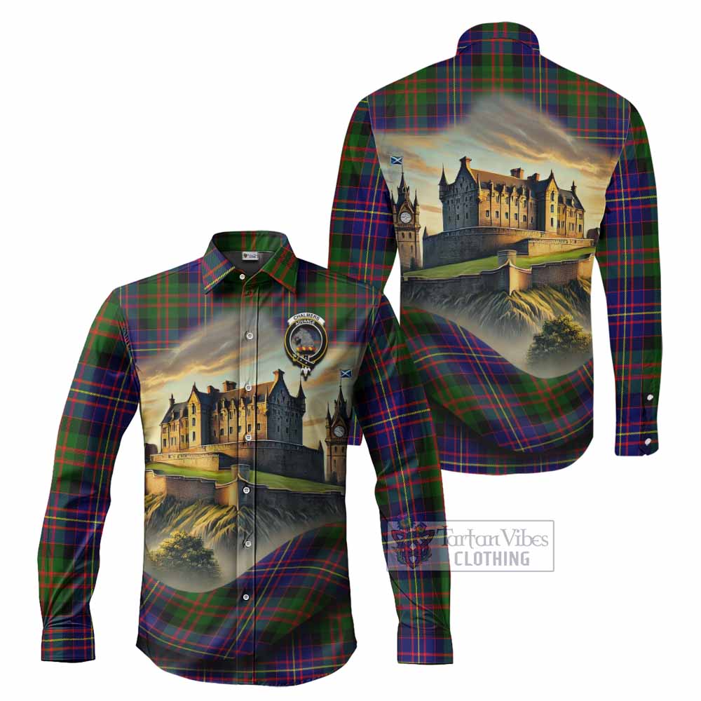 Tartan Vibes Clothing Chalmers Tartan Family Crest Long Sleeve Button Shirt with Scottish Ancient Castle Style