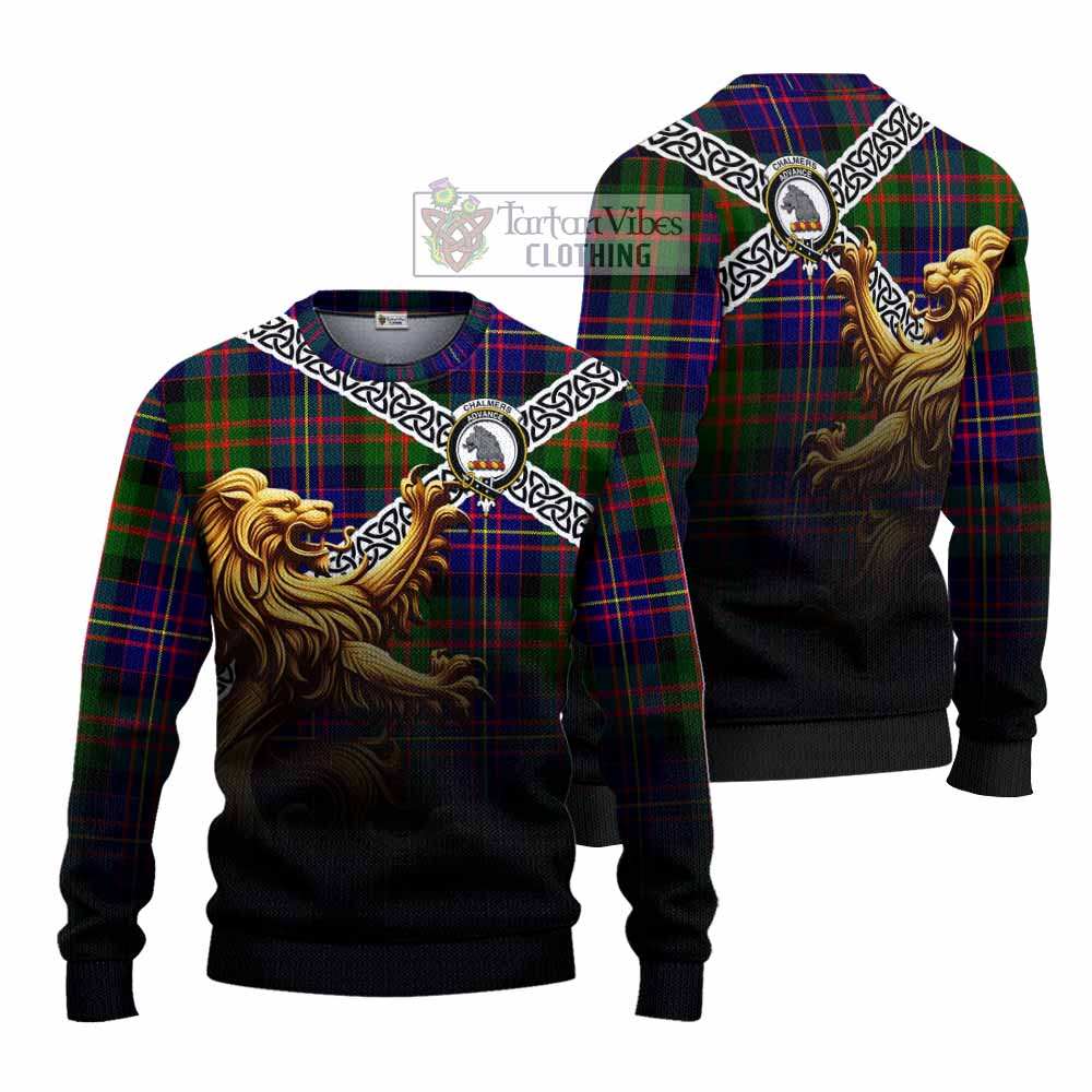 Chalmers Crest Tartan Knitted Sweater with Golden Lion Emblem Celtic Style - Tartan Vibes Clothing