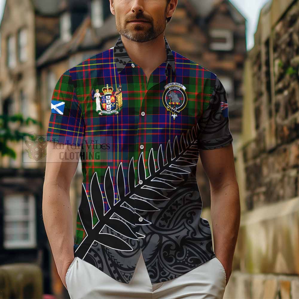 Tartan Vibes Clothing Chalmers Crest Tartan Short Sleeve Button Shirt with New Zealand Silver Fern Half Style
