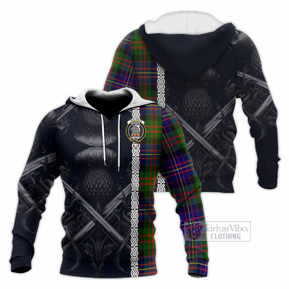 Chalmers Tartan Knitted Hoodie with Family Crest Cross Sword Thistle Celtic Vibes - Tartan Vibes Clothing