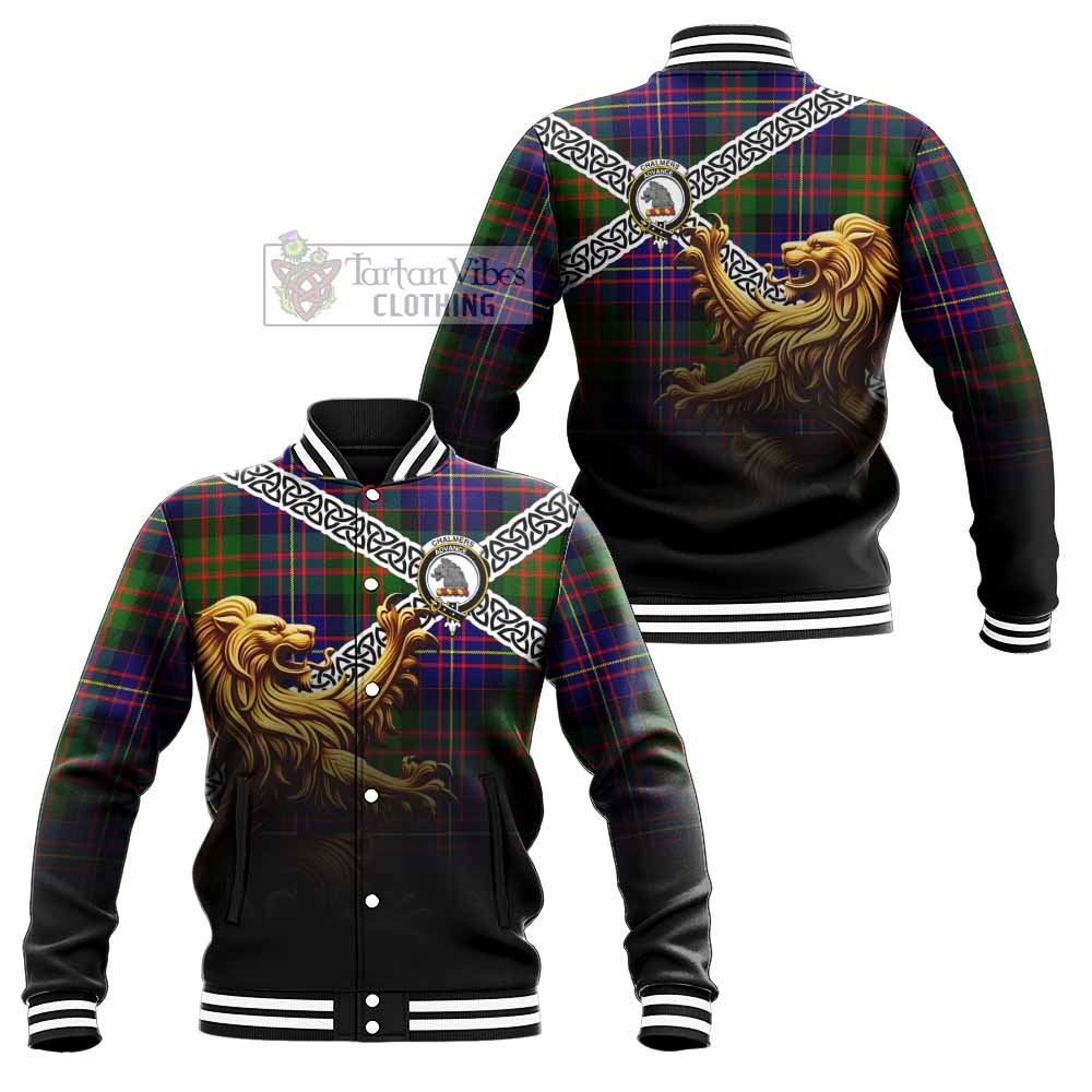 Tartan Vibes Clothing Chalmers Crest Tartan Baseball Jacket with Golden Lion Emblem Celtic Style