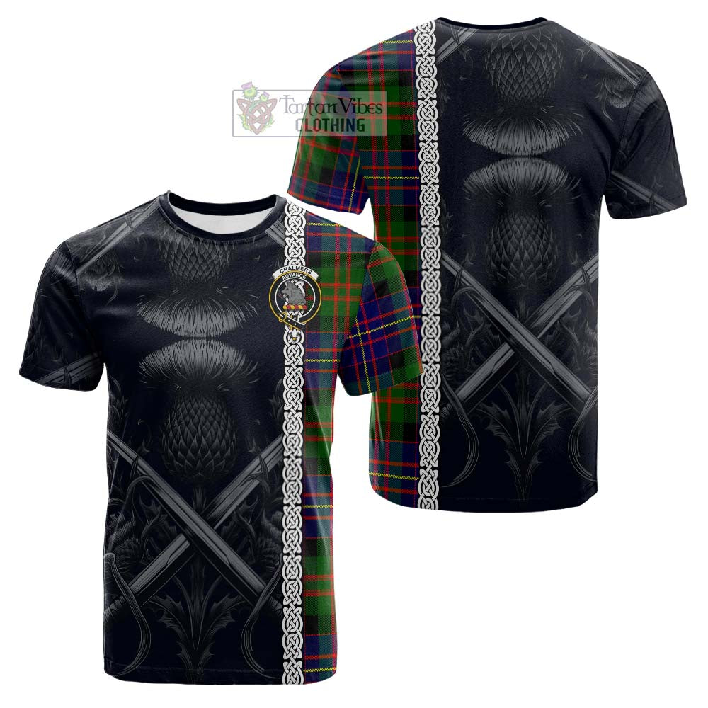 Chalmers Tartan Cotton T-shirt with Family Crest Cross Sword Thistle Celtic Vibes - Tartan Vibes Clothing