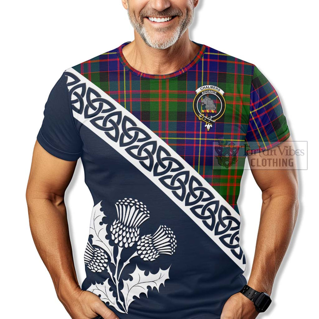 Chalmers Tartan T-Shirt Featuring Thistle and Scotland Map
