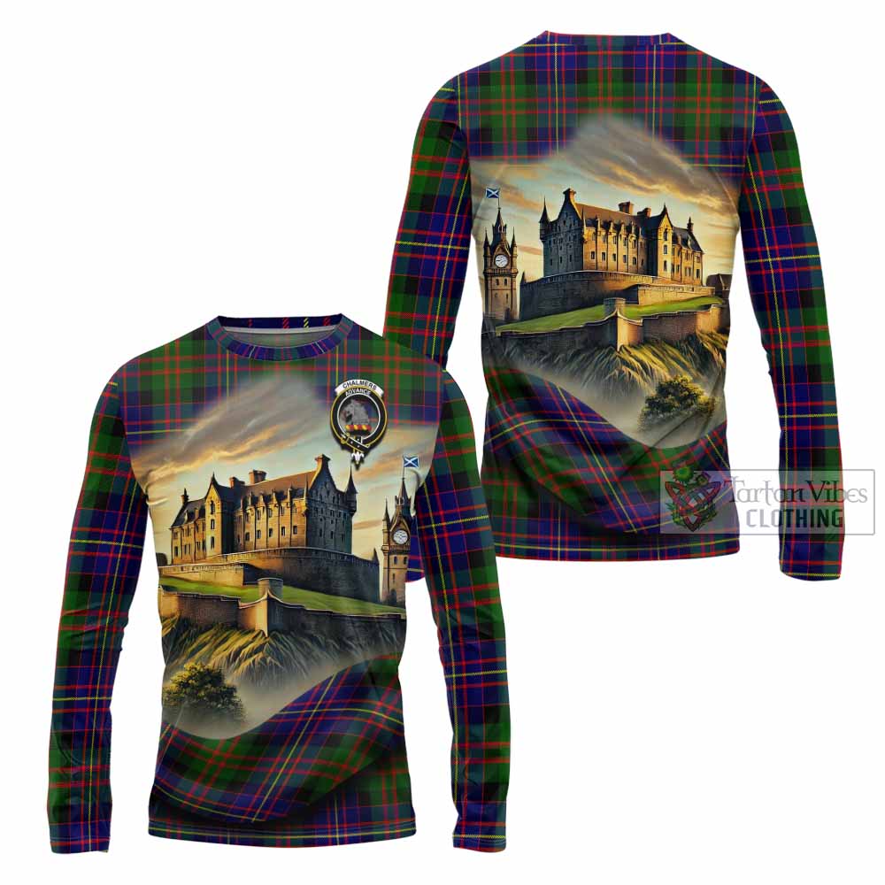 Chalmers Tartan Family Crest Long Sleeve T-Shirt with Scottish Ancient Castle Style - Tartan Vibes Clothing