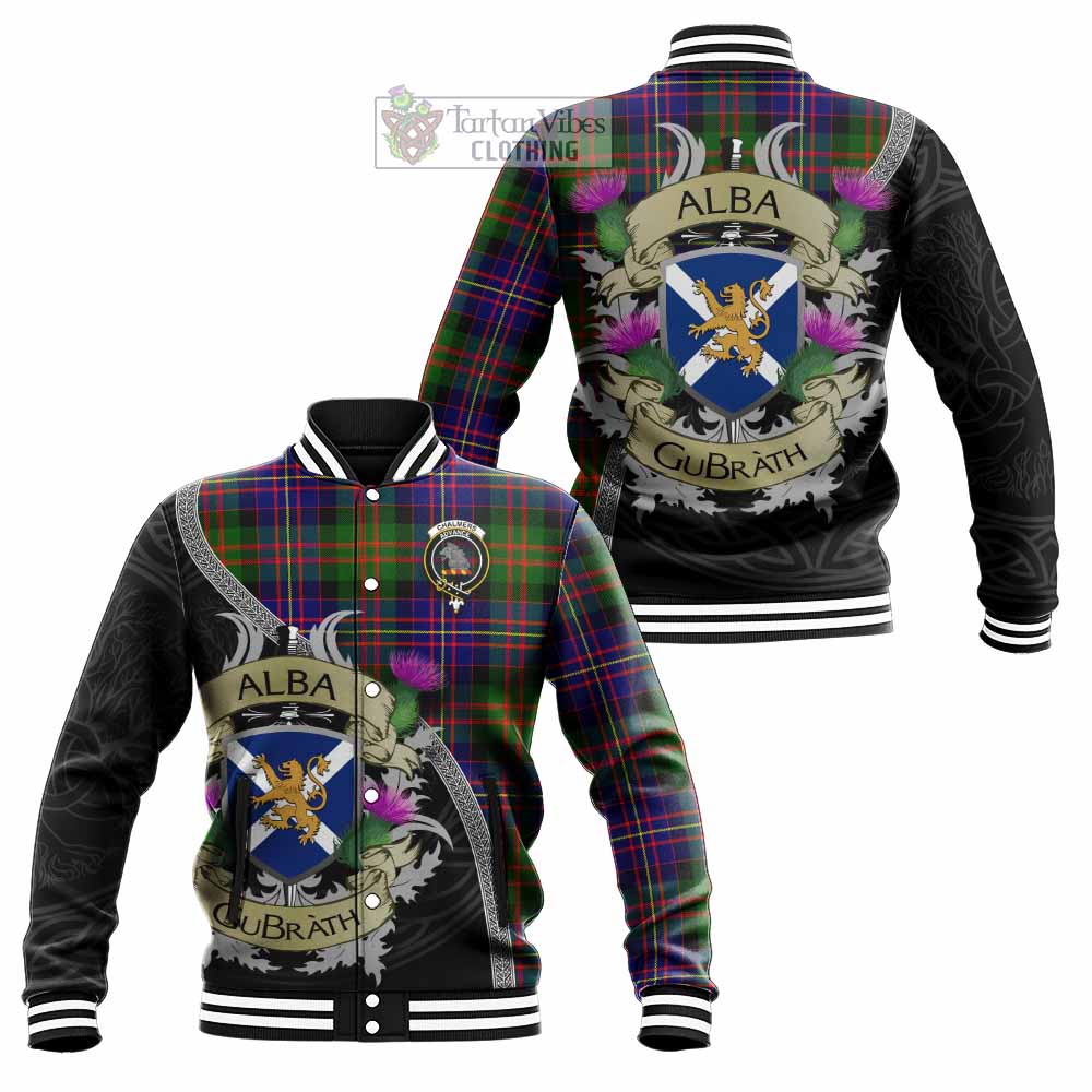 Chalmers Tartan Family Crest Baseball Jacket Lion Rampant Royal Thistle Shield Celtic Inspired - Tartan Vibes Clothing