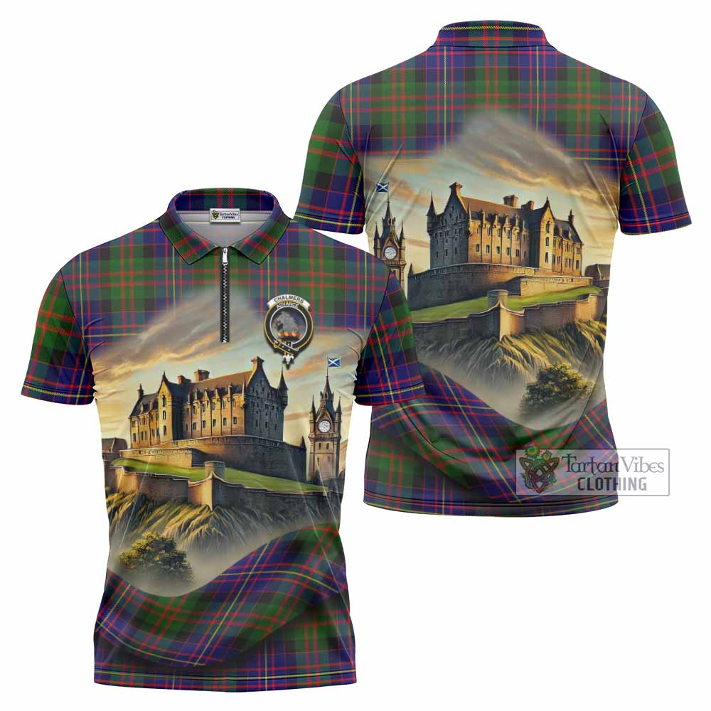 Chalmers Tartan Family Crest Zipper Polo Shirt with Scottish Ancient Castle Style - Tartan Vibes Clothing
