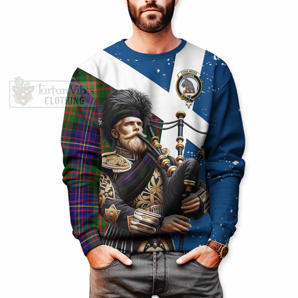Chalmers Tartan Sweatshirt with Family Crest Scottish Bagpiper Vibes - Tartan Vibes Clothing