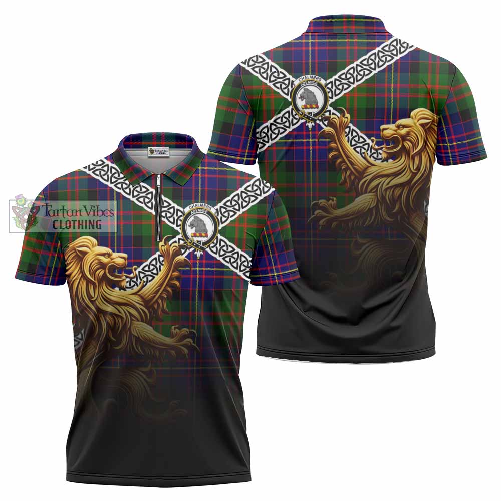 Chalmers Crest Tartan Zipper Polo Shirt with Golden Lion Emblem Celtic Style - Tartan Vibes Clothing