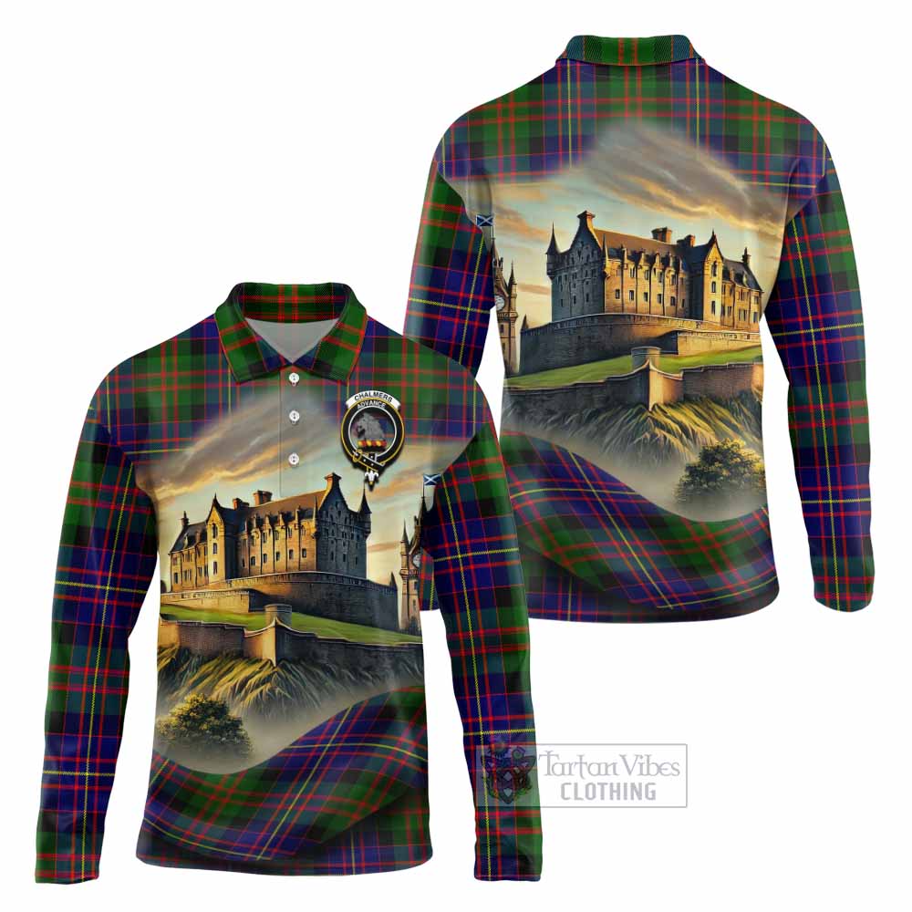 Chalmers Tartan Family Crest Long Sleeve Polo Shirt with Scottish Ancient Castle Style - Tartan Vibes Clothing