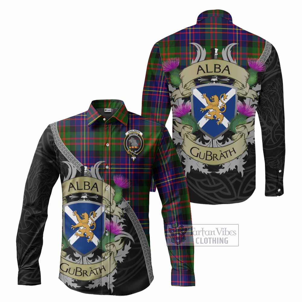 Chalmers Tartan Family Crest Long Sleeve Button Shirt Lion Rampant Royal Thistle Shield Celtic Inspired - Tartan Vibes Clothing